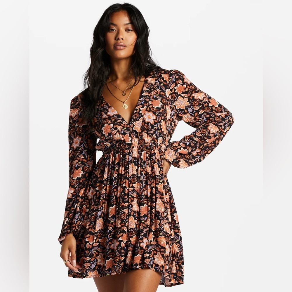 Billabong Sweetest Dream Floral Mini Dress Black Pebble Long Sleeve L